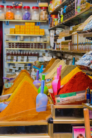 Colorful spices shop in a Marrakech market