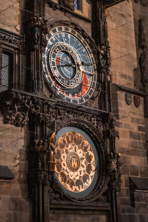 Prague astronomical clock seen from the Old Town Square at nightの写真素材