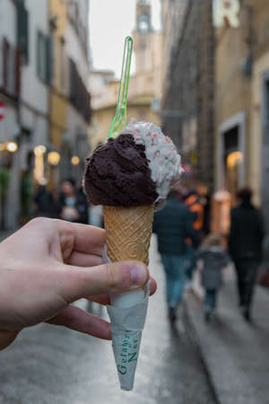 Italian delicious chocolate and strawberry cheesecake ice cream in Florenceの写真素材