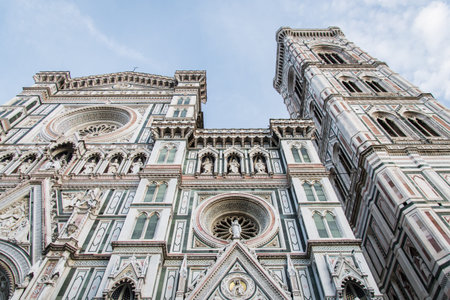 Beautiful Florence's Cathedral and bell tower main facades on a sunny day