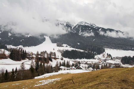 Famous and beautiful landscape in the snowy Italian Dolomiteの写真素材