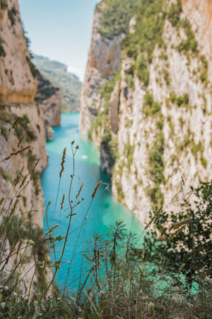 Beautiful Mont-rebei Canyon in Catalonia on a sunny summer morningの写真素材