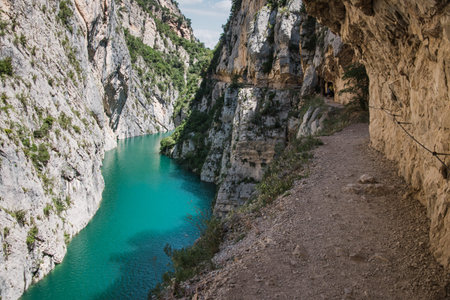 Beautiful Mont-rebei Canyon in Catalonia on a sunny summer morningの写真素材