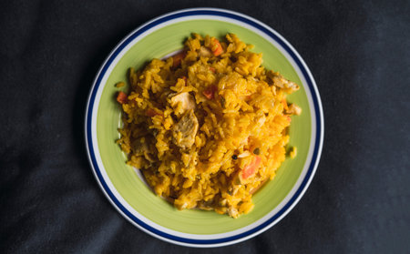 Close Up of Colorful and Fresh Vegetarian Paella Spanish Rice Dish. Spanish food