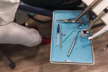 Work table with dental tools in a dentist's office.health and wellness concept.の写真素材