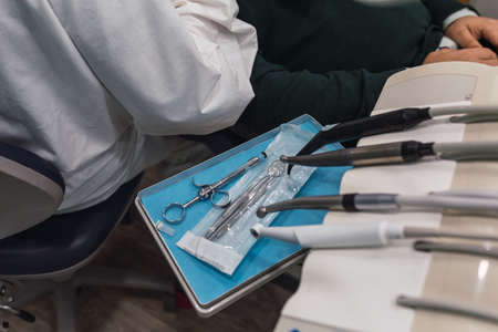 Work table with dental tools in a dentist's office.health and wellness concept.の写真素材