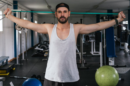 Man performing exercises with an elastic band.