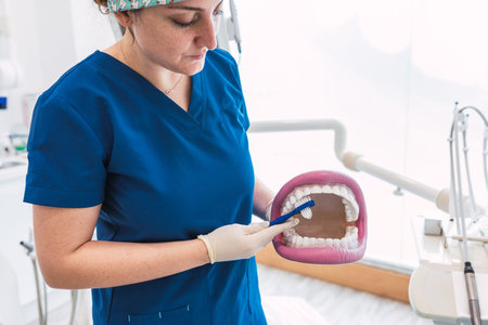 Woman dentist with gloves showing on a jaw model how to clean the teeth with tooth brush properly...
