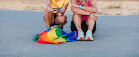 Lesbian couple looking at smartphone with rainbow flag. Unrecognizable. Gay pride