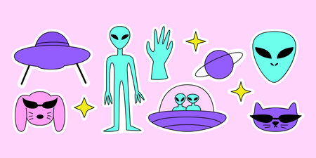 Set of cute y2k stickers on isolated background. Alien, ufo ship, cat and dog in futuristic sunglasses and stars. Vector illustration in 90s, 00s nostalgia style.のイラスト素材