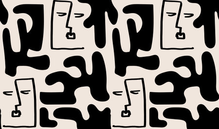 Abstract line art face with organic shapes. Seamless pattern in boho minimalist style. vector...