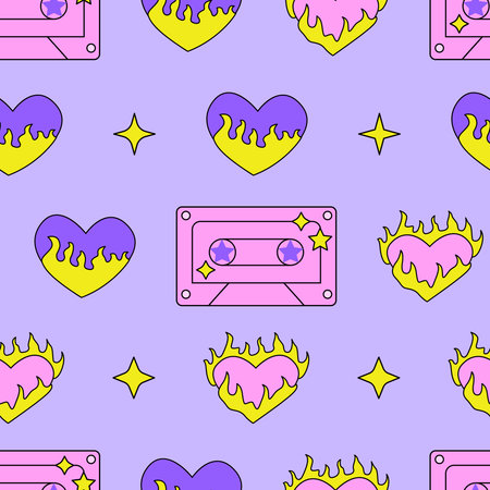 Seamless background with flaming hearts, stars and retro cassette. Vector background in 90s, 00s, y2k styleのイラスト素材