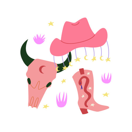 Set of western objects. Cowboy hat, bull skull, cowboy boots, stars and grass. Vector flat illustration on isolated background.のイラスト素材
