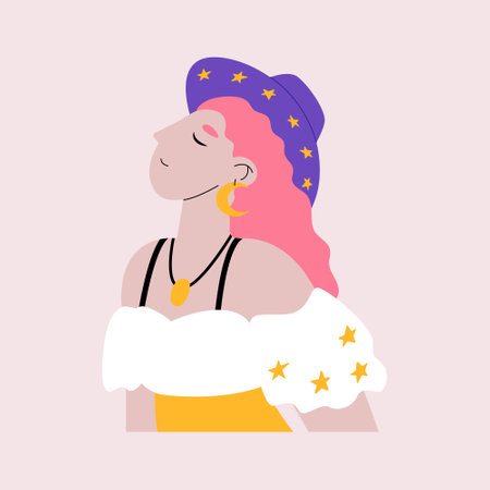 Beautiful woman with cowboy hat and white dress. Western, bohemian vector illustration on isolated background. Mystical, boho, magic characterのイラスト素材