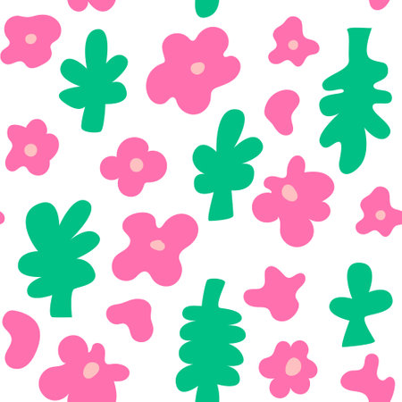 Geometric organic flower shapes. Floral seamless pattern with doodle objects. Pink abstract flowers with green leaves. Cutout freehand style. Vector background for fashion, textileのイラスト素材