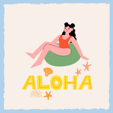 Cute woman sunbathe on rubber ring. Summer beach vector flat illustration on isolated background. Travel holiday greeting card with lettering alohaのイラスト素材
