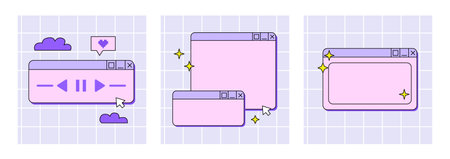 Set of social media post templates in retrowave aesthetic. Vector illustration with retro computer windows. Square backgrounds in y2k, 00s, 90s styleのイラスト素材
