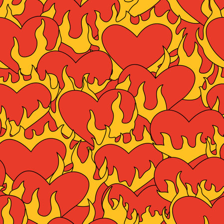 Seamless pattern with flaming hearts. vector background. Valentine's day. heart is on fireのイラスト素材