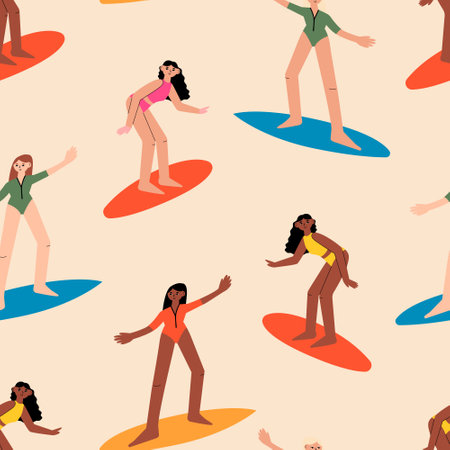 Seamless pattern with different diverse women on surfboards. Surfers on the sea. Cute girls in swimsuits. Vector summer backgroundのイラスト素材