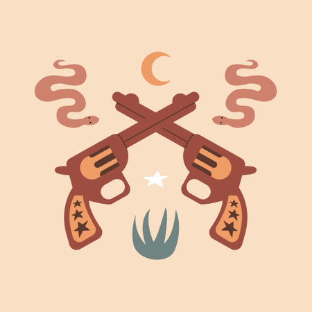 Western vector illustration with cowboy guns, snakes, moon, star and grass on isolated background. Wild west, mystical, boho, magic, esoteric conceptのイラスト素材