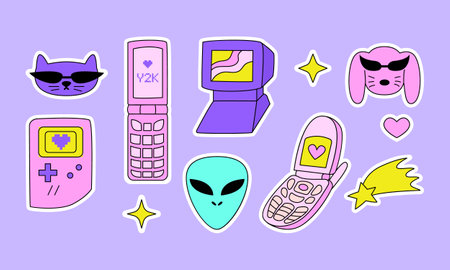 Set of cute y2k stickers in retrowave aesthetic. Alien, retro computer, flip phones, cat, dog and stars. Vector illustration in 90s, 00s nostalgia styleのイラスト素材
