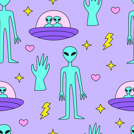 Seamless pattern with cute aliens and ufo ships, stars, hearts and hand. Vector backgroundのイラスト素材