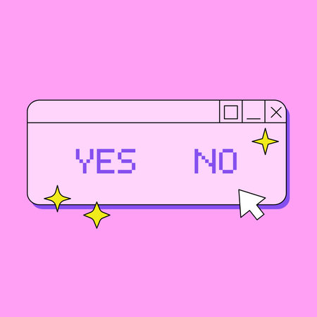 Retro digital screen user interface in y2k style. Old computer window with pixel text yes, no, arrow and stars. Vector illustration in retrowave aestheticのイラスト素材