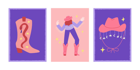 Set of western posters in disco party style. Vector illustration with dancing cowgirl, cowboy boots and hat.のイラスト素材