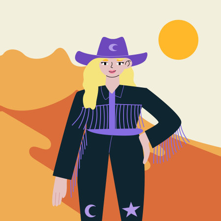 Blonde woman with cowboy hat and jacket with fringe. Stylish cowgirl standing. Desert landscape background Vector flat illustration in wild west, disco cowboy conceptのイラスト素材