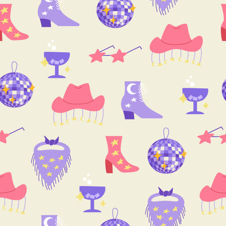 Seamless pattern with cowboy accessories. Cowgirl boots, hat, bandana with stars and fringe, star shape sunglasses, disco ball and cocktail. Vector background in disco styleのイラスト素材