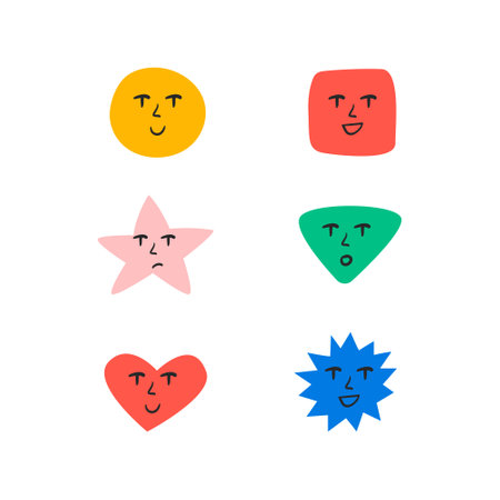 Set of cute basic shapes with different face emotions. Colorful vector illustration on isolated background. Various geometric figures with funny characters.のイラスト素材