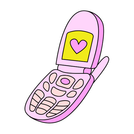 Cute retro flip phone in retrowave aesthetic. Vector nostalgic illustration in y2k, 00s, 90s concept on isolated backgroundのイラスト素材