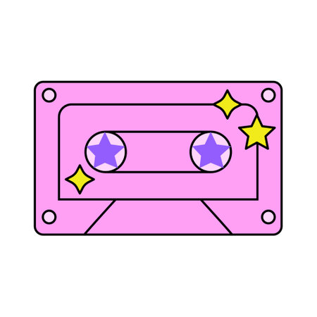 Pink cassette with stars on isolated background. Vector illustration in Y2k aesthetic, 00s, 90s concept.のイラスト素材
