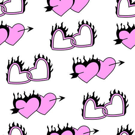 Seamless pattern with flaming hearts. Vector background in y2k, 00s, 90s styleのイラスト素材