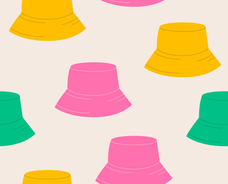 Cute seamless pattern with panama hats. Colorful vector background. Accessories illustration with bucket hatsのイラスト素材