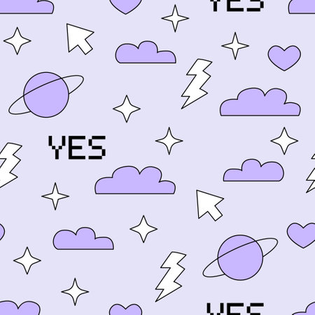 Seamless pattern with old computer elements, stars, clouds icons, saturn planet, pixel words and computer arrow symbol. Vector background in retrowave, y2k, 90s, 00s concept.のイラスト素材