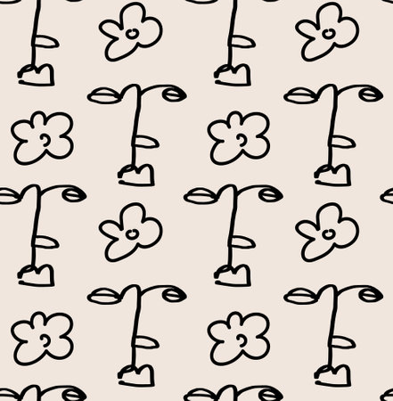 Seamless pattern with linear faces and flowers. simple outline illustration. Vector background in boho, retro styleのイラスト素材
