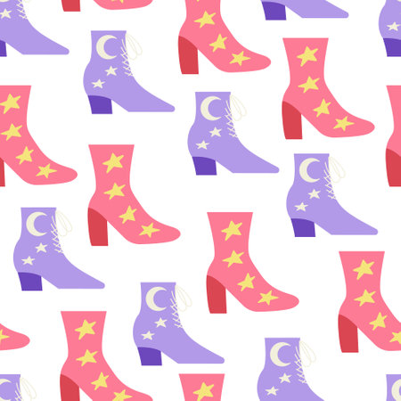Seamless pattern with cowboy boots with moon and stars. Wild west, western, cowgirl disco party concept. Vector trendy background.のイラスト素材