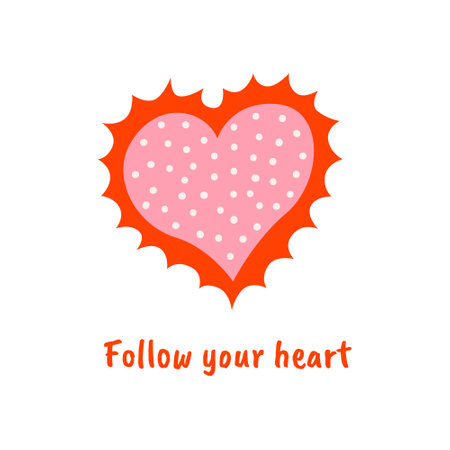 Valentine's day vector illustration. Pink heart with red flame and white dots. follow your heart.のイラスト素材