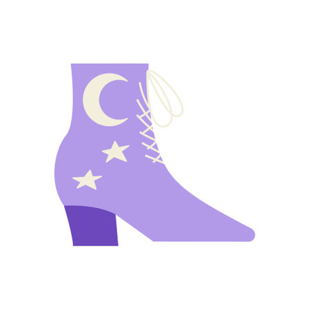 Purple cowgirl boots with moon and stars. Wild west, western, texas hand drawn vector trendy illustration.のイラスト素材
