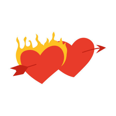 Couple of hearts with arrow and flame. Valentine's day symbol of love. Vector illustration on isolated backgroundのイラスト素材