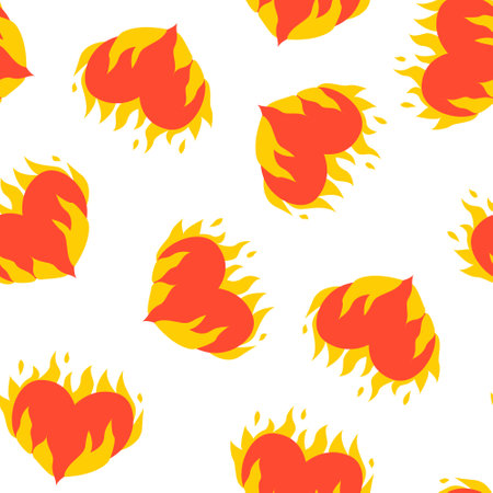 Seamless pattern with flaming hearts. Vector abstract background. Heart burning in fire. Valentine's day. For textiles, prints, posters.のイラスト素材
