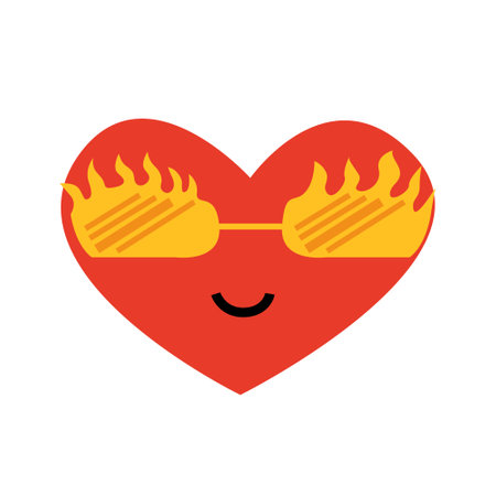 Cute red heart with fire glasses. Vector isolated illustration. Emoticon in cartoon flat style. smiley faceのイラスト素材