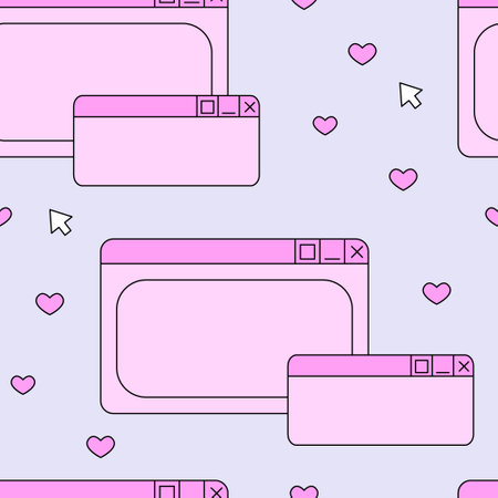 Seamless pattern with old computer windows, hearts, and computer arrows. Vector background in retrowave, y2k, 90s, 00s concept.のイラスト素材