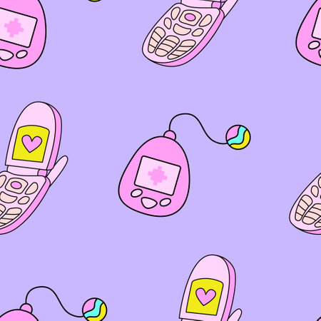 Seamless pattern with cute device and flip phone in retrowave aesthetic. Vector nostalgic background in y2k, 00s, 90s conceptのイラスト素材