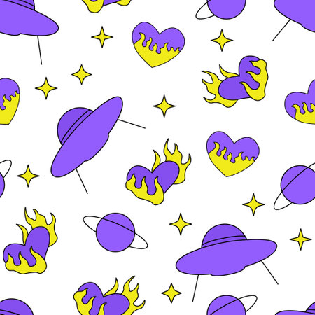 Seamless pattern with alien ufo ships, stars, flaming hearts and saturn planet. vector backgroundのイラスト素材
