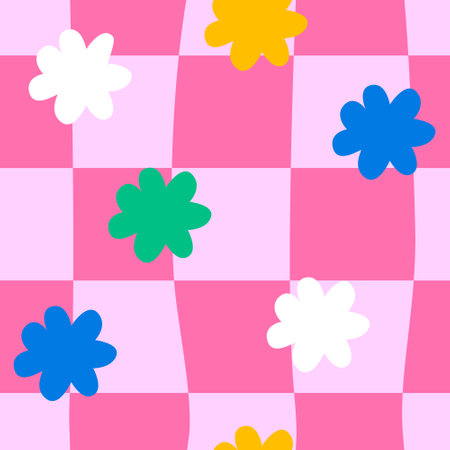 Cute hippie and groovy seamless pattern with daisy flowers and distorted cage. Fashionable background in 00s, 90s, y2k style.のイラスト素材