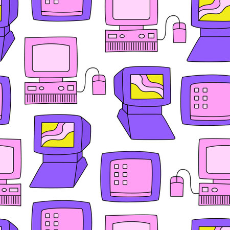 Seamless pattern with cute retro computers and tv boxes. Vector background in retrowave aestheticのイラスト素材