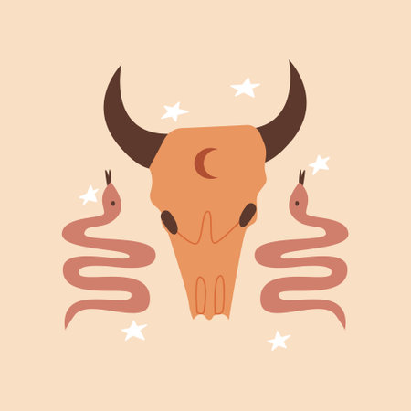 Western vector illustration with bull skull and snake on isolated background. Wild west, mystical, boho, magic, esoteric conceptのイラスト素材