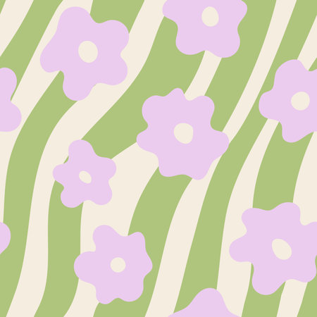 Abstract wavy seamless pattern with cute daisy flowers and lines. Blossom spring backdrop. Trendy...